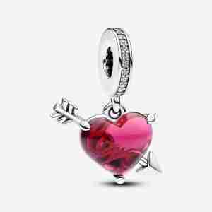 Charm Pendant Cœur Rouge et Flèche en Verre de Murano