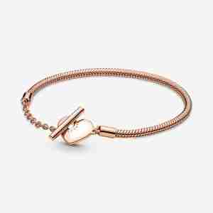Bracelet Maille Serpent Barre en T Cœur Pandora Moments Métal doré à l’Or Rose fin 585