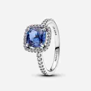 Bague Spectaculaire Halo Bleu Carré Scintillant
