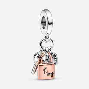 Charm Pendant Triple Clé, Cadenas & Cœur Bicolore