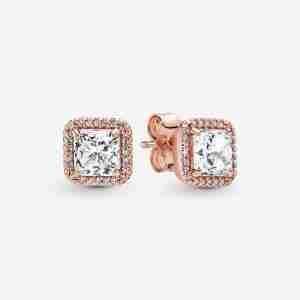 Clous d'Oreilles Halo Scintillant Carrés-Métal doré à l’Or Rose fin