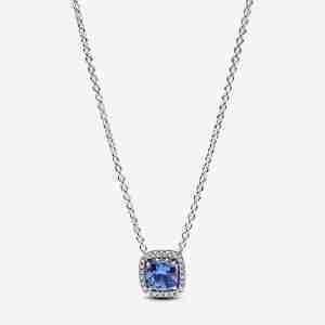 Collier à Pendentif Halo Bleu Carré Scintillant