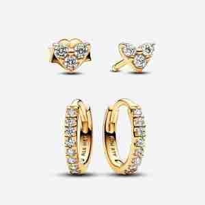 Ensemble de Clous d’Oreilles Cœur Trois Pierres & Créoles Scintillantes Doré à l'Or