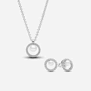 Parure Collier et Clous d'Oreilles Perle de Culture d'Eau Douce Traitée & Pavé
