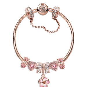 Ensemble de bracelets en or rose avec fleurs de cerisier et cœur